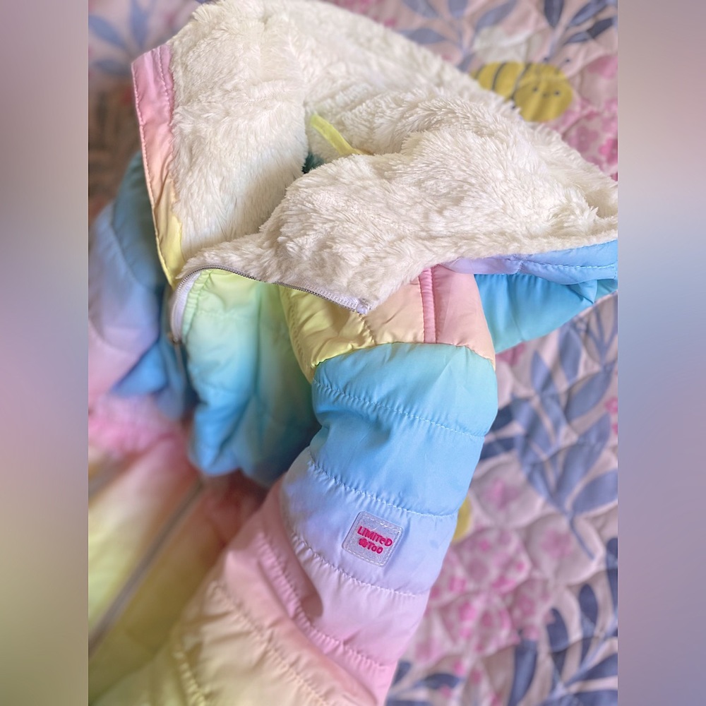 Limited Too Girls lined coat, size 7/8, pink rainbow color. Worn once.